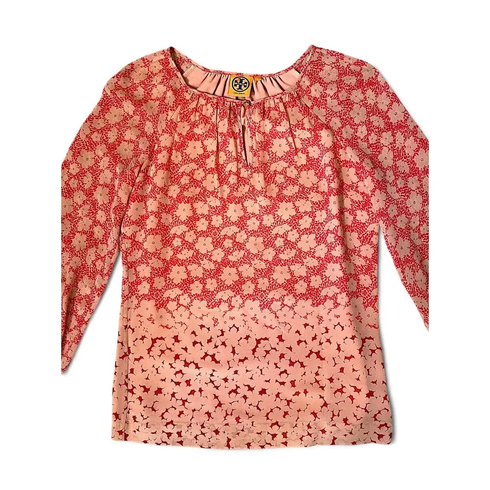Tory Burch Pink & Coral Floral Silk Blouse Size 4